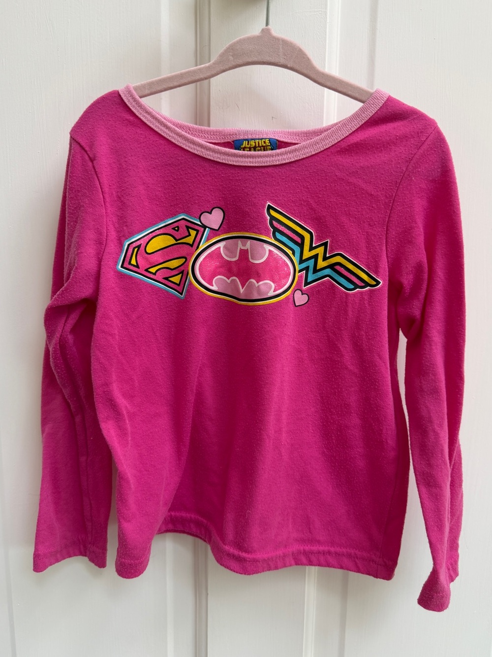 Justice League Girls' XS 4 5 Pink Superhero Logo Long Sleeve Pajama Top Superman
